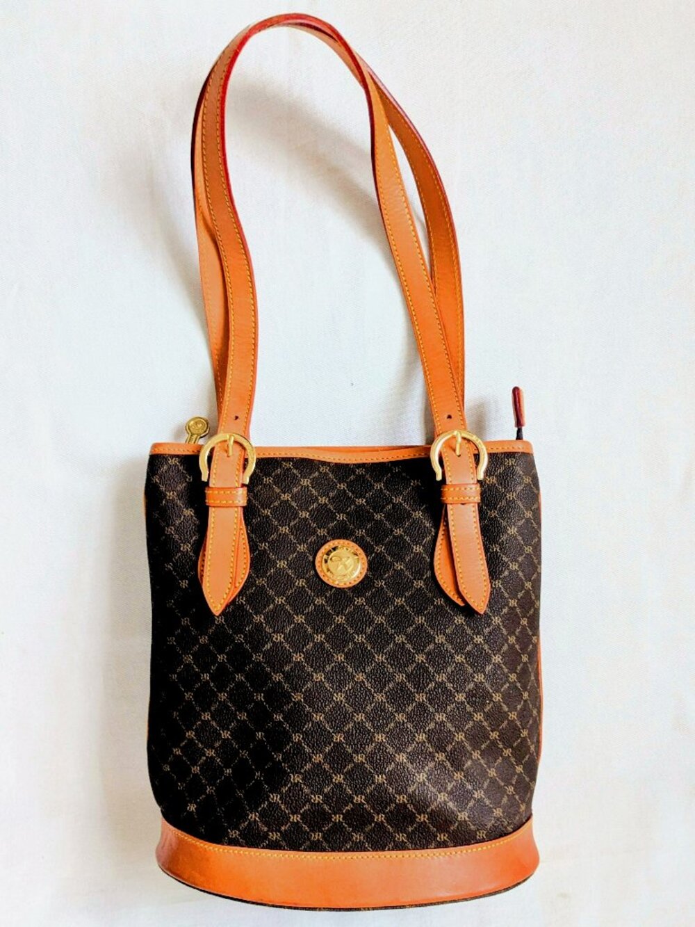 Rioni "Zenna" Brown Monogram Canvas Leather Trimmed Shoulder Bucket Bag